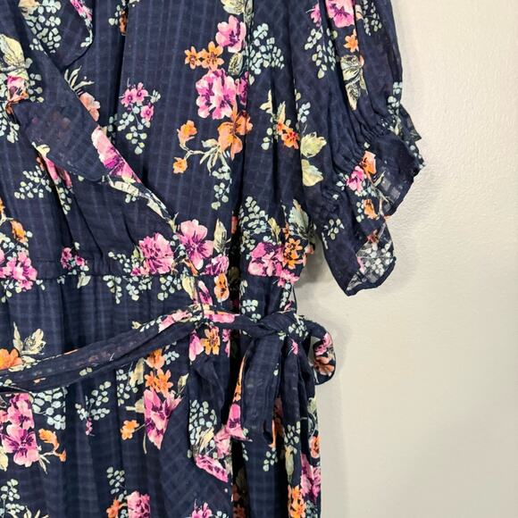 LC Lauren Conrad Floral Waffle Wrap Tie Ruffle Maxi Dress Navy Blue 4X Plus NWT - Picture 5 of 12